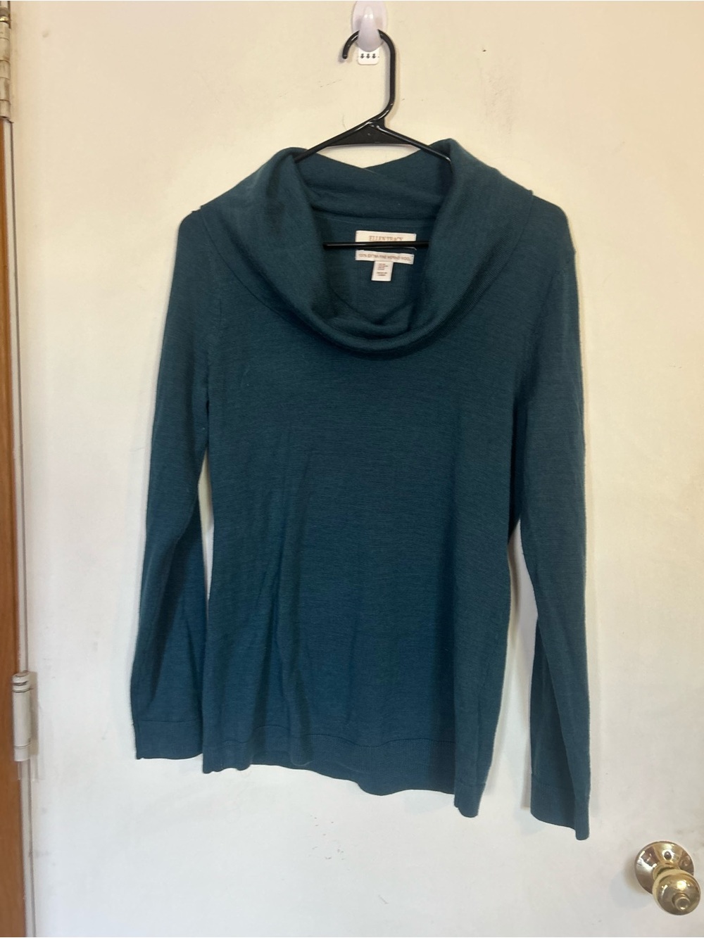 Ellen Tracy Teal 100% Extra Fine Merino Wool Cowl Neck Sweater Size Medium